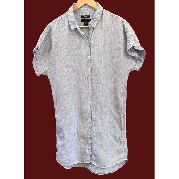 Tahari Womens Blue White Striped Short Sleeve Linen Shirt Dress Large Casual - Picture 1 of 6